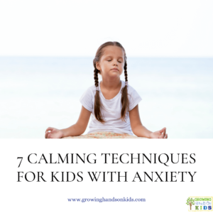 photo of a young girl on a beach doing a yoga pose. Text below says "7 calming techniques for kids with anxiety."