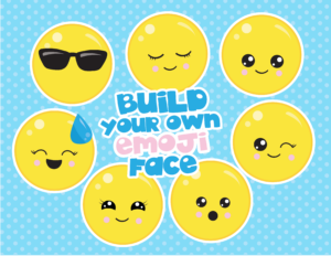 blue background the white polka-dots. Yellow Emoji smiley faces in a circle with various emotions. Blue and pink bubble text in the middle that says "Build your own emoji face"