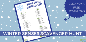 blue background with white polka dots. flat preview of the winter senses scavenger hunt printable. Blue text overlay at the bottom of the graphic with white text. Blue star in the top right corner with white text that says "click for a free download."