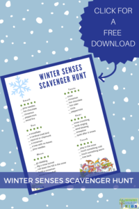 blue background with white polka dots. flat preview of the winter senses scavenger hunt printable. Blue text overlay at the bottom of the graphic with white text. Blue star in the top right corner with white text that says "click for a free download."