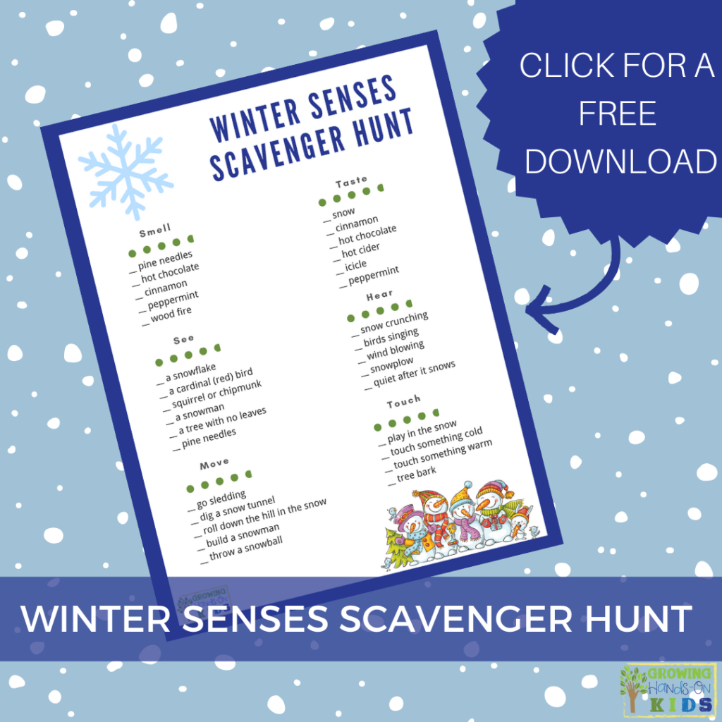 blue background with white polka dots. flat preview of the winter senses scavenger hunt printable. Blue text overlay at the bottom of the graphic with white text. Blue star in the top right corner with white text that says "click for a free download."