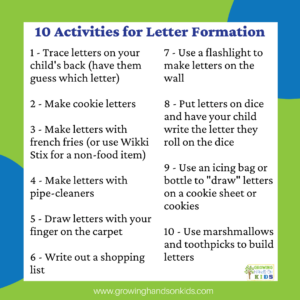 Blue and green background with a white text overlay. Black text at the top says "10 Activities for Letter Formation" and then lists 10 activity ideas for kids.