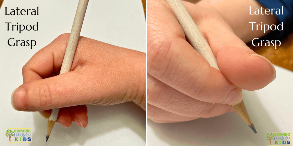 Two pictures of a lateral tripod grasp. First picture is from the side showing the thumb side of the grasp. The second picture is from the front, showing the index finger grasping the pencil. 