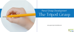 Circle picture of a small child's hand holding a pencil with a tripod, three fingered grasp. Blue text overlay with white text at the top says "Pencil grasp development: The tripod grasp".