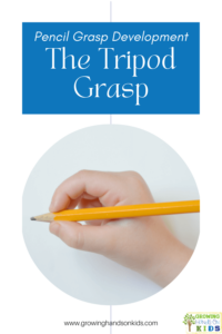 Circle picture of a small child's hand holding a pencil with a tripod, three fingered grasp. Blue text overlay with white text at the top says "Pencil grasp development: The tripod grasp".