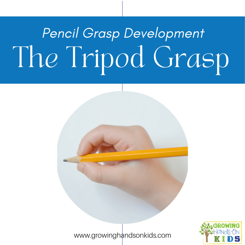Circle picture of a small child's hand holding a pencil with a tripod, three fingered grasp. Blue text overlay with white text at the top says "Pencil grasp development: The tripod grasp".