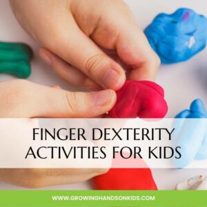 Picture of child holding small, colored play dough balls with their fingers. White text overlay with black text says "Finger dexterity activities for kids." over the middle of the square graphic.