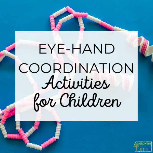 Picture of a pink and white jump rope laying on a blue background. White text overlay with black text says "Eye-Hand Coordination Activities for Children."