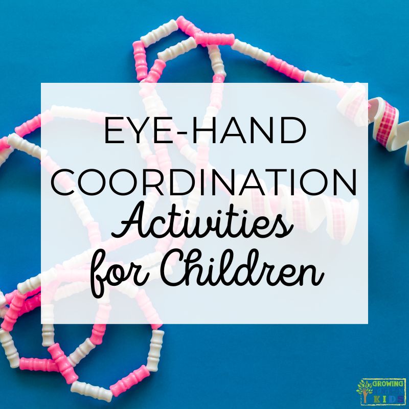 Picture of a pink and white jump rope laying on a blue background. White text overlay with black text says "Eye-Hand Coordination Activities for Children."