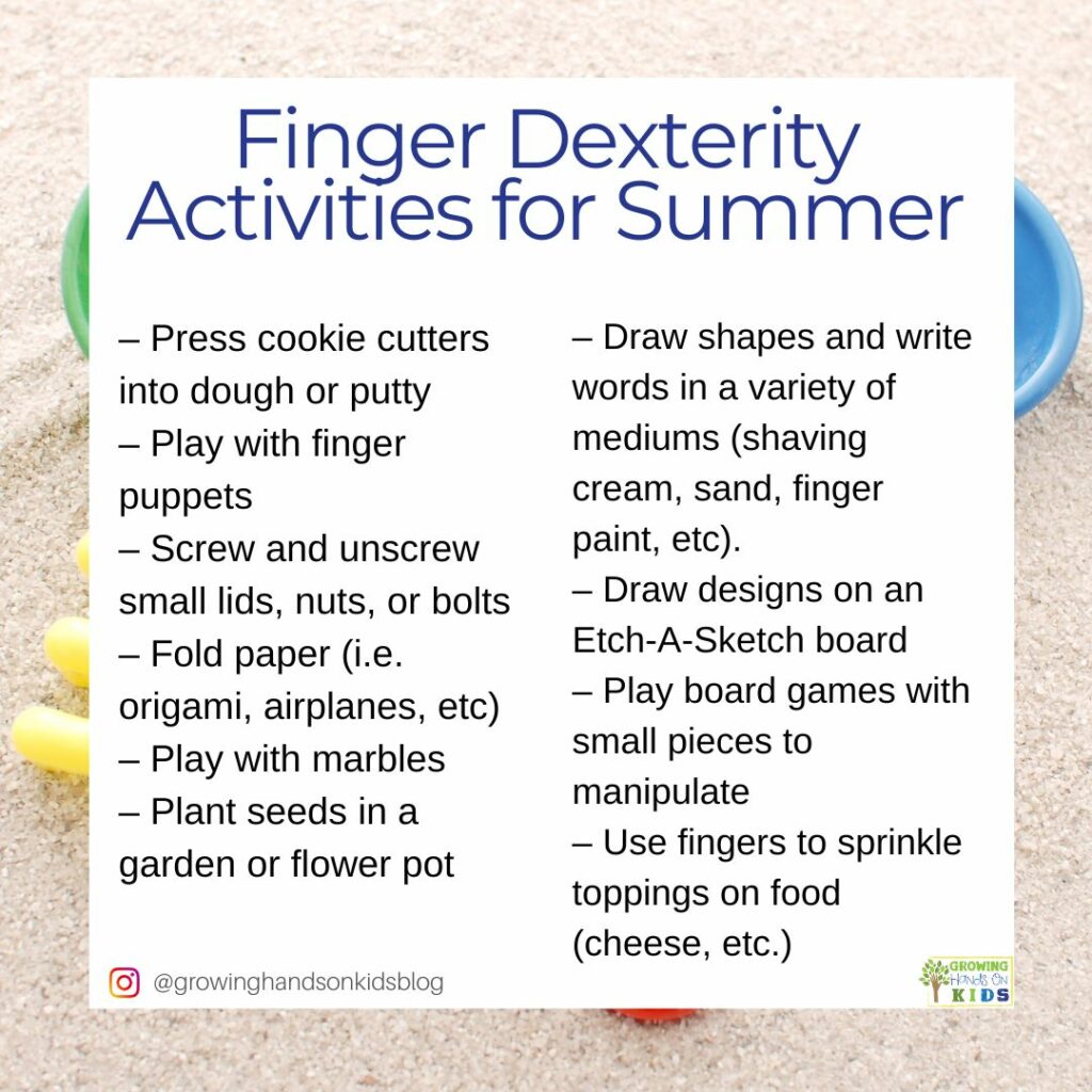 Picture of colored play dough on the carpeted floor. White text overlay with blue text says "Finger Dexterity Activities for Summer." 