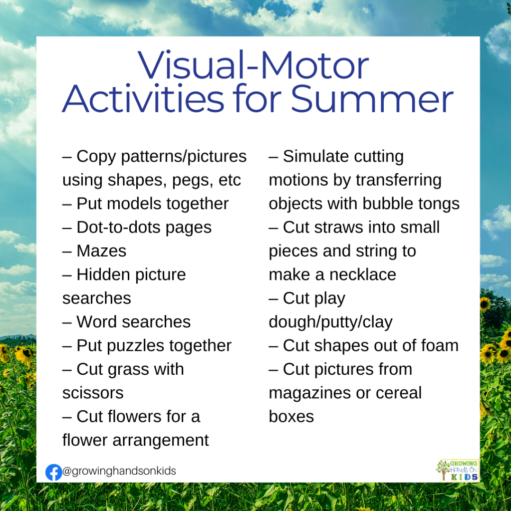 Picture of sunflowers on a sunny day. White text overlay with blue text says "Visual-Motor Activities for Summer."