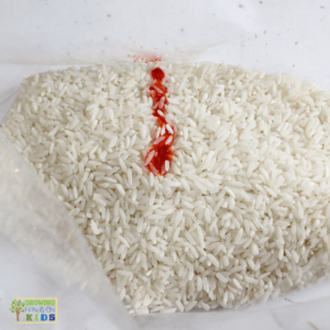 Close-up of white rice in a bag with a splash of orange food dye, preparing to be mixed for a colorful sensory activity.