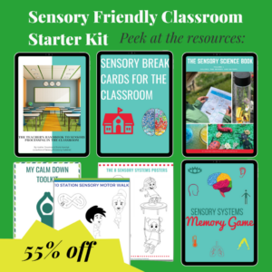 Green square promotional graphic with previews of sensory friendly classroom starter kit digital products displayed on ipad screens. A yellow star in the left bottom corner says 55% off.