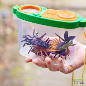 A young child holding a bug container with large plastic bugs inside.