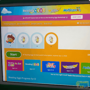 Screenshot of the Reading Eggs app family dashboard showing multiple child profiles and program options including Reading Eggs Junior, Reading Eggs, Fast Phonics, Reading Eggspress, and Mathseeds. A green "Start" button is visible, along with a banner for an Easter sale.