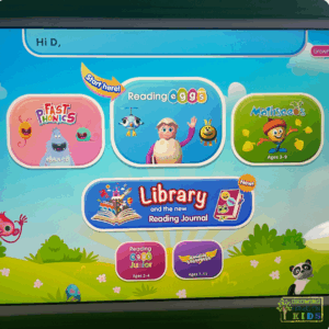 Screenshot of the Reading Eggs app home screen showing options for Fast Phonics, Reading Eggs, Mathseeds, Library with a Reading Journal, Reading Eggs Junior, and Reading Eggspress. The screen is colorful with animated characters and labeled age ranges for each program.