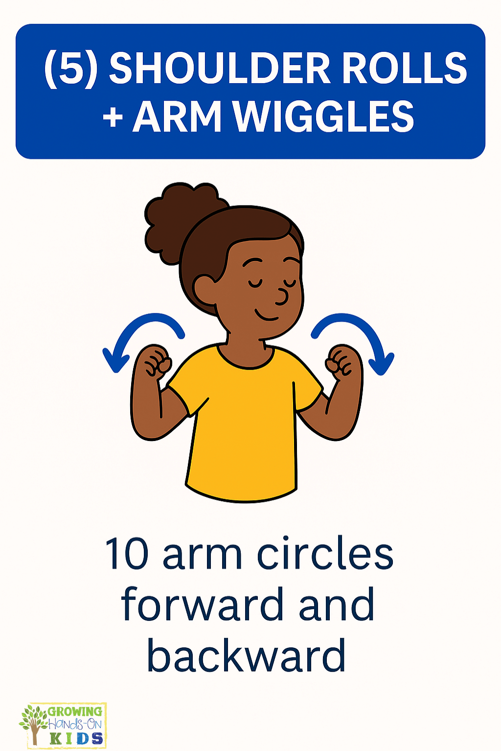 Illustrated card showing a young girl with dark skin and brown hair in a puff hairstyle, performing arm circles with blue curved arrows indicating the motion. She is smiling with her eyes closed and wearing a yellow shirt. The top text reads “(5) SHOULDER ROLLS + ARM WIGGLES,” and the bottom says, “10 arm circles forward and backward.” The Growing Hands-On Kids logo appears in the lower left corner.