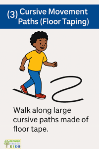 Illustrated card showing a young boy walking along a large cursive path made from black floor tape. The top text reads “(3) Cursive Movement Paths (Floor Taping),” and the bottom says, “Walk along large cursive paths made of floor tape.” The Growing Hands-On Kids logo is in the lower left corner.