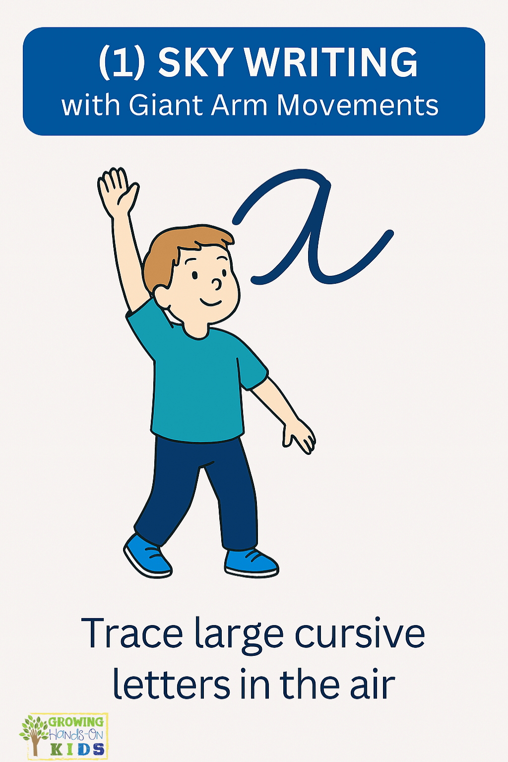 Illustrated card showing a young boy reaching upward with one arm as if writing in the air. A large cursive letter "l" is shown beside him. The top text reads “(1) SKY WRITING with Giant Arm Movements,” and the bottom says, “Trace large cursive letters in the air.” The Growing Hands-On Kids logo appears in the lower left corner.