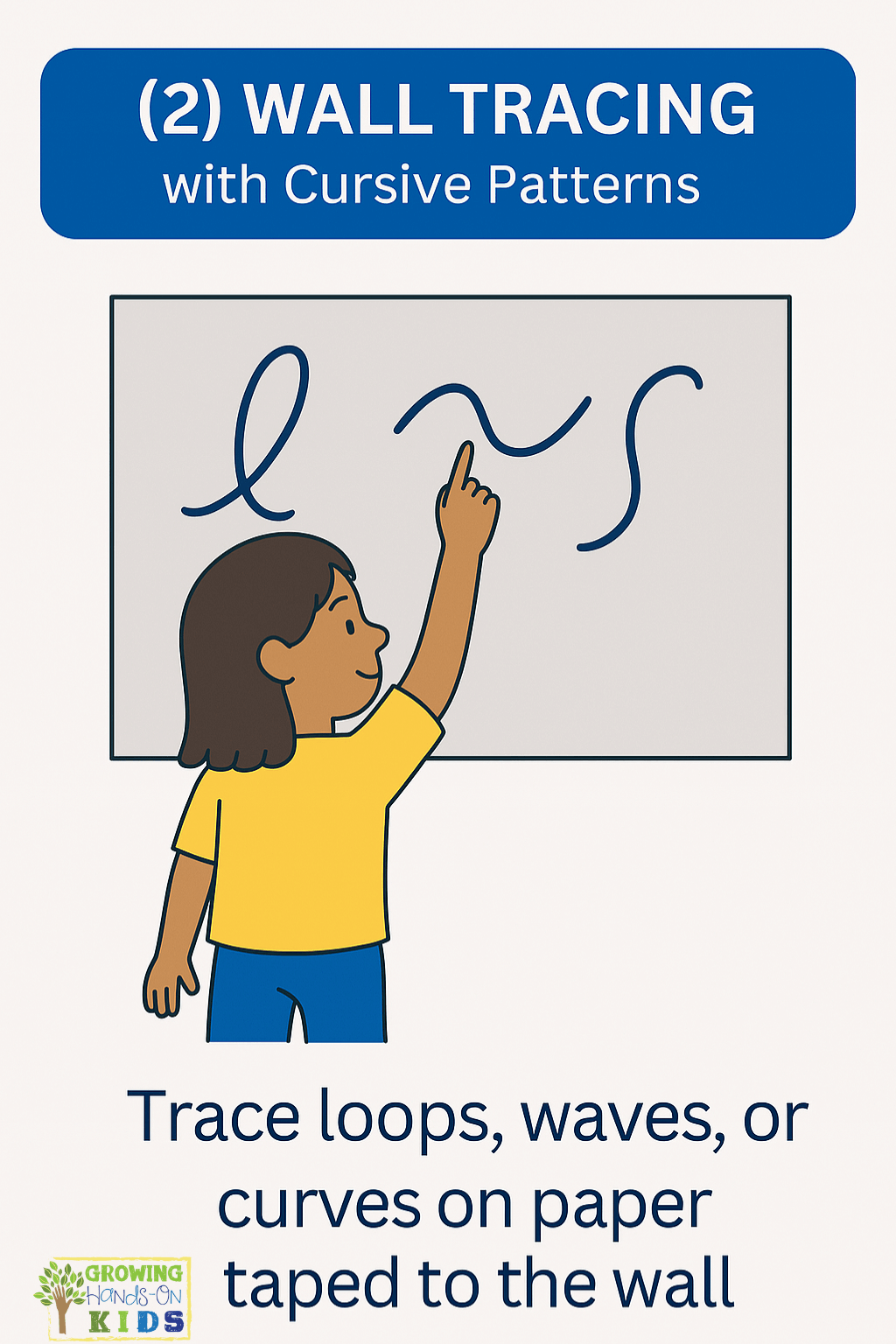 Illustrated card showing a young girl tracing cursive patterns like loops and waves on a large sheet of paper taped to the wall. The top text reads “(2) WALL TRACING with Cursive Patterns,” and the bottom text says, “Trace loops, waves, or curves on paper taped to the wall.” The Growing Hands-On Kids logo appears in the lower left corner.