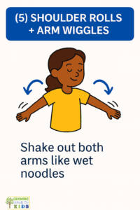 Illustrated card showing a young girl with dark brown skin and long dark hair shaking out both arms with wavy motion lines, resembling “wet noodles.” She is smiling with eyes closed and wearing a yellow shirt. The top text reads “(5) SHOULDER ROLLS + ARM WIGGLES,” and the bottom says, “Shake out both arms like wet noodles.” The Growing Hands-On Kids logo appears in the lower left corner.