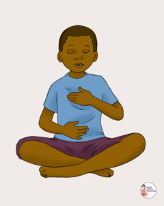 Illustration of a child sitting cross-legged with eyes closed, one hand on the chest and the other on the belly, practicing a body awareness check-in. The child is wearing a light blue shirt and purple shorts. A “Kids Yoga Stories” logo appears in the bottom right corner.