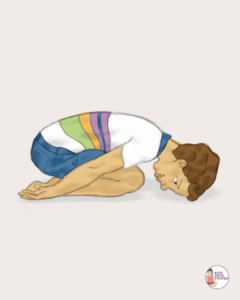 Illustration of a child in Child's Pose, a calming yoga position with knees bent, arms by the sides, and forehead resting on the ground. The child is wearing a white shirt with colorful stripes and blue shorts. A “Kids Yoga Stories” logo is in the bottom right corner.