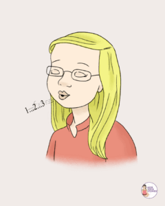 Illustration of a girl with long blonde hair and glasses wearing a red shirt, practicing an extended exhale breathing technique. She is gently blowing air out with pursed lips while counting "1...2...3." A “Kids Yoga Stories” logo appears in the bottom right corner.