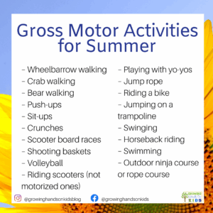 A graphic titled “Gross Motor Activities for Summer” with two columns of activity ideas on a white background. The list includes activities like wheelbarrow walking, scooter board races, jump rope, and swimming. A sunflower and blue sky border the edges. Social media handles @growinghandsonkidsblog (Instagram) and @growinghandsonkids (Facebook) are displayed at the bottom, along with the Growing Hands-On Kids logo.