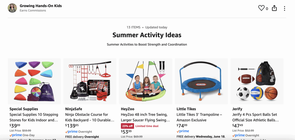 A screenshot of an Amazon affiliate storefront titled “Summer Activity Ideas” by Growing Hands-On Kids. The subtitle reads “Summer Activities to Boost Strength and Coordination.” Featured products include colorful stepping stones, a backyard ninja obstacle course, a large tree swing with three kids sitting on it, a small blue trampoline with a handle, and a set of four sports balls (soccer, football, volleyball, basketball) with a mesh carry bag. Prices, Prime delivery options, and discount tags are visible below each item.