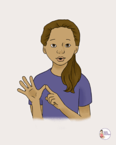 Illustration of a young girl with brown hair in a ponytail wearing a purple shirt. She is demonstrating the "Take 5 Breath" technique by tracing the fingers of one hand with the pointer finger of the other. A “Kids Yoga Stories” logo appears in the bottom right corner.