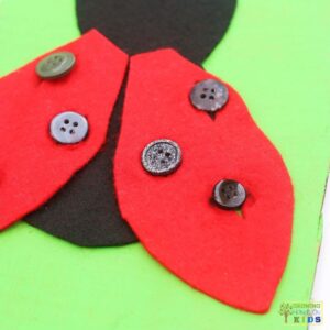 Red felt ladybug wings attached by threading over buttons on a black felt body, demonstrating a buttoning fine motor activity.